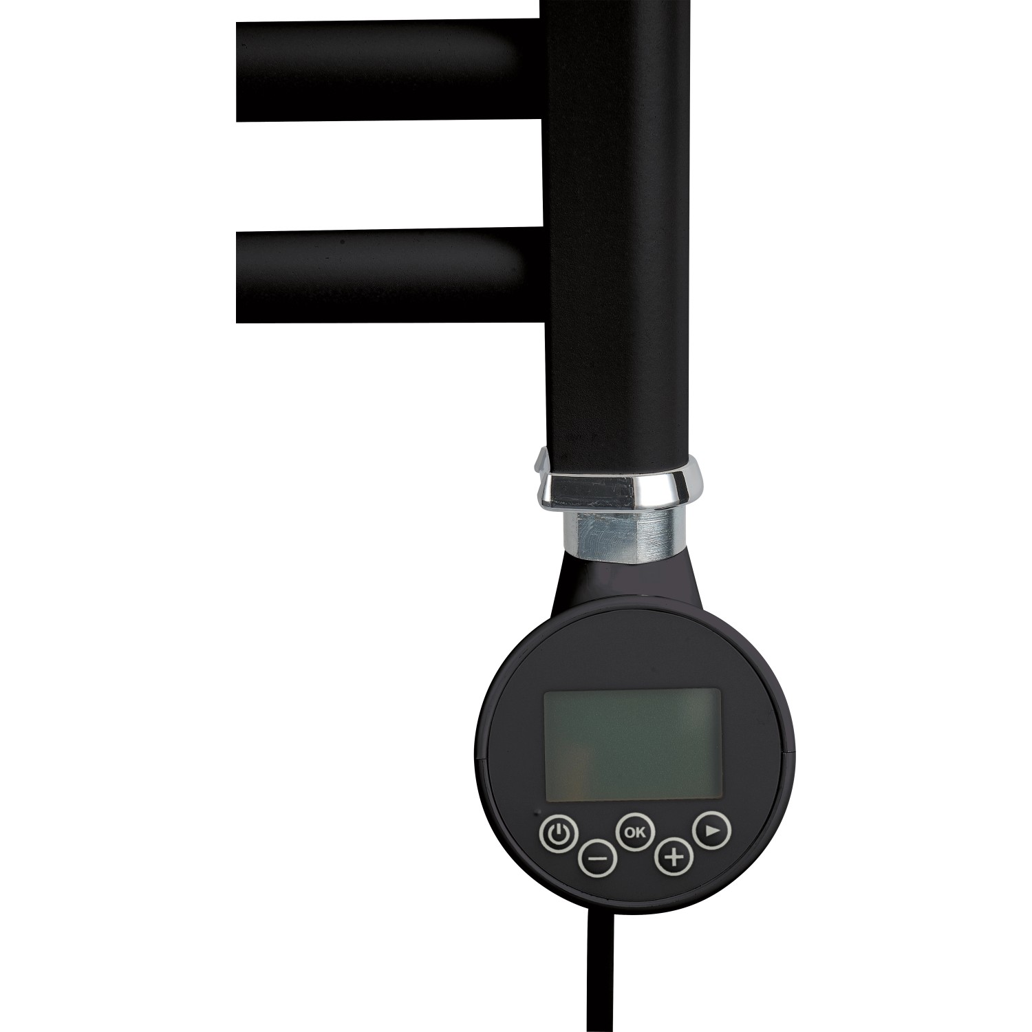 Detailaufnahme: Schwarzer, elektrischer Badheizkörper Winterberg mit digitalem Thermostat.