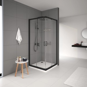 Eckdusche: Baliv Duschkabine DUK-90.41E, 90x90 cm, Schwarz Matt, mit Schiebetüren und Sicherheitsglas.