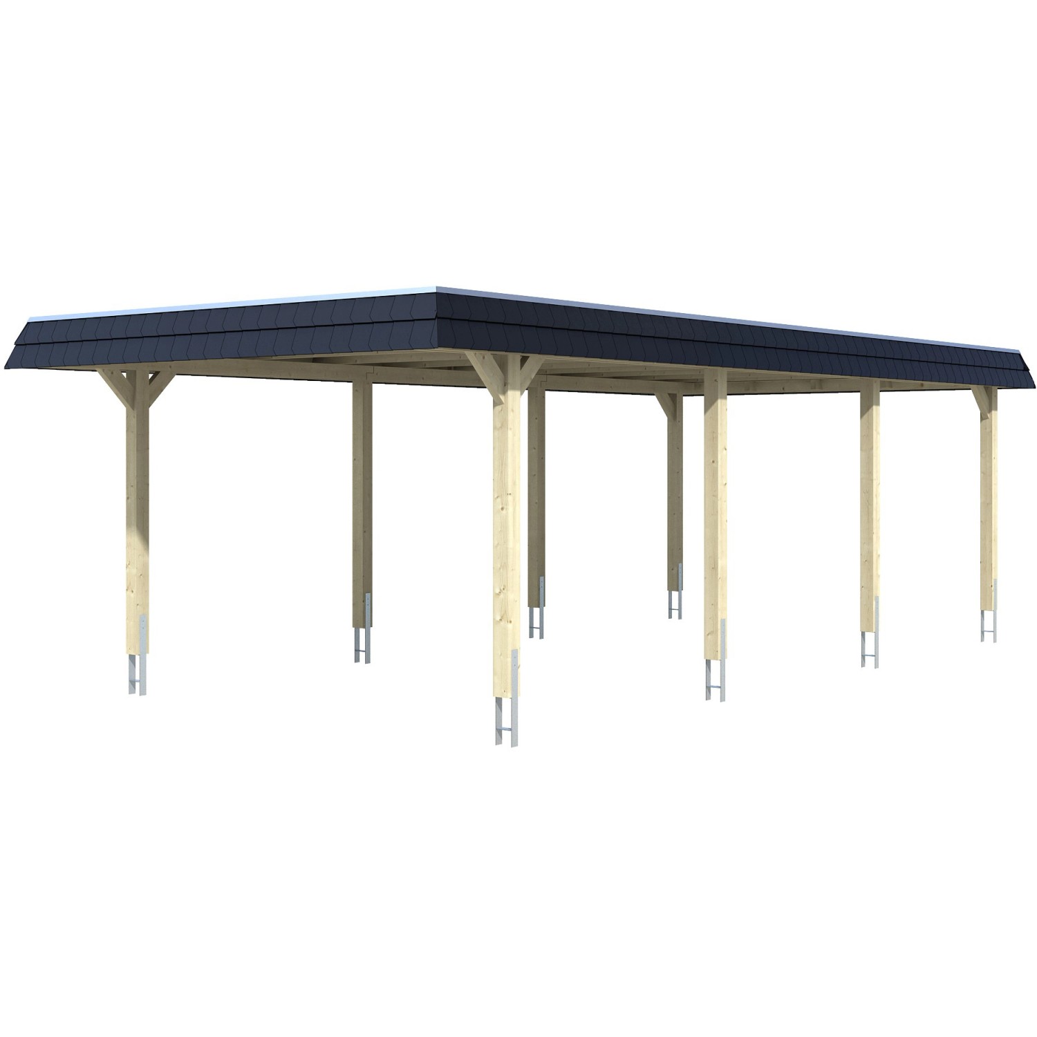 Skan Holz Carport Wendland Natur mit EPDM-Dach und schwarzer Blende. Holzcarport mit Flachdach.