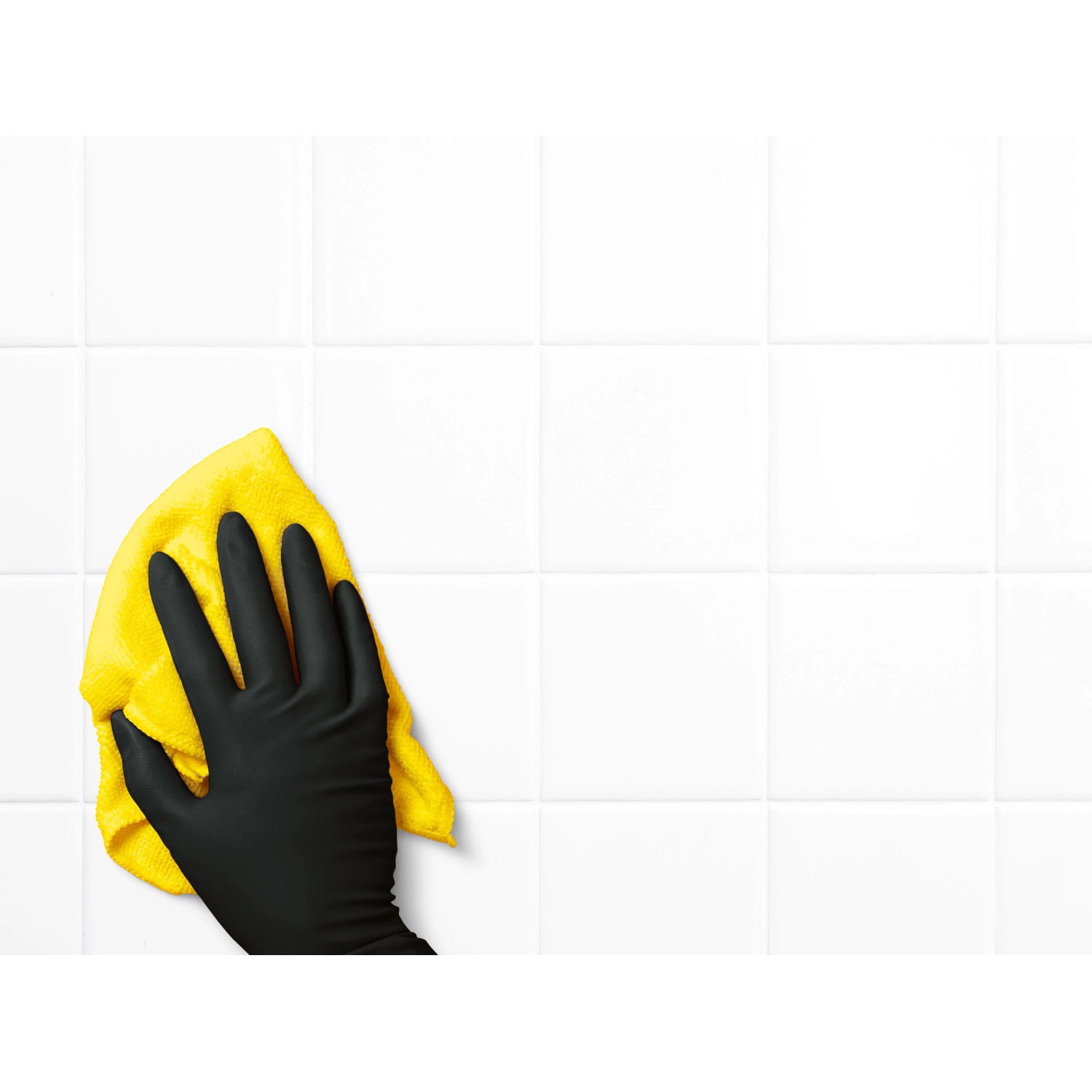 Hand mit schwarzem Einmalhandschuh reinigt weiße Fliesen mit gelbem Tuch. Latexfrei, Größe S, 50 Stück.