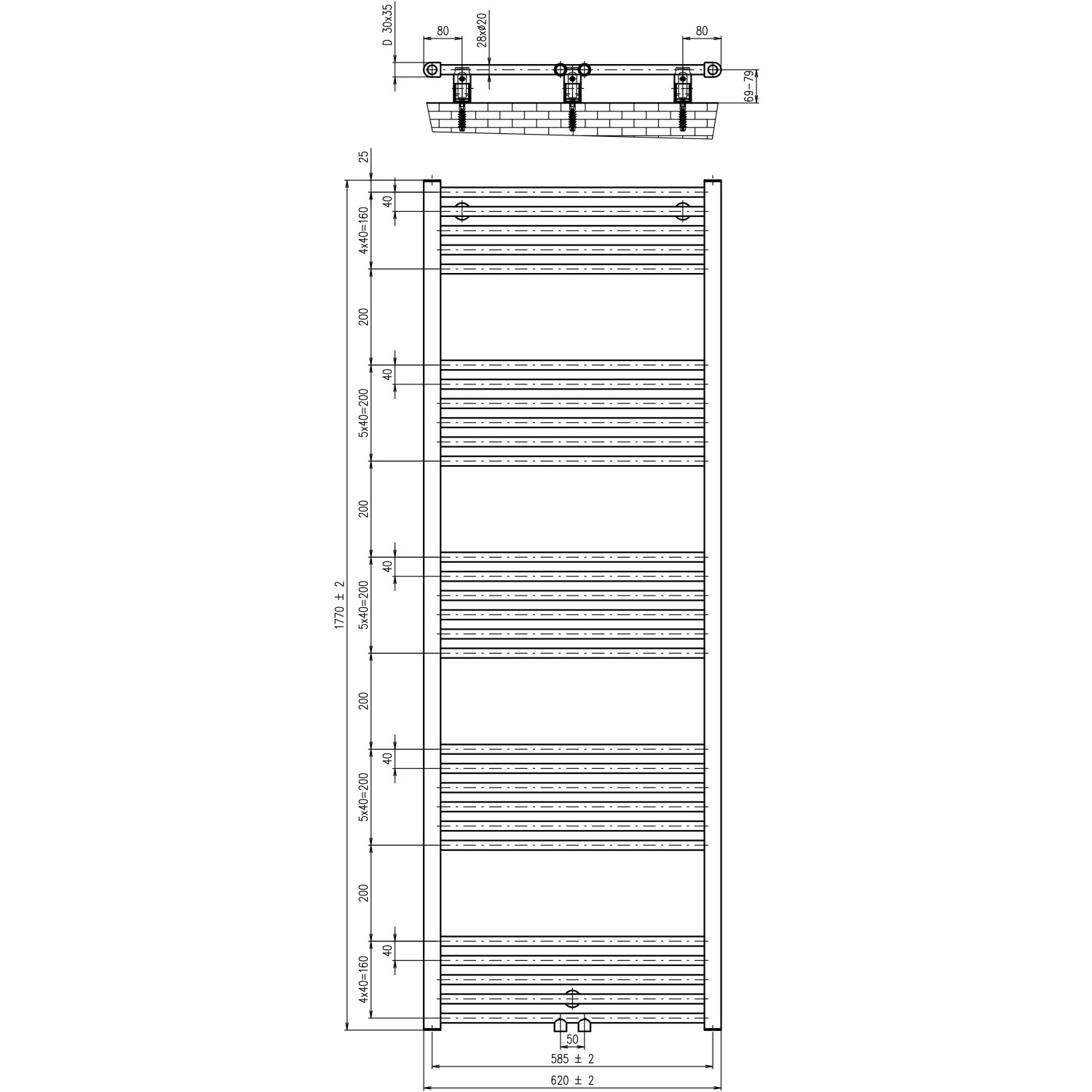 Technische Zeichnung: Schulte Design-Heizkörper, gerade, alpinweiß, mit Mittenanschluss und Maßangaben.
