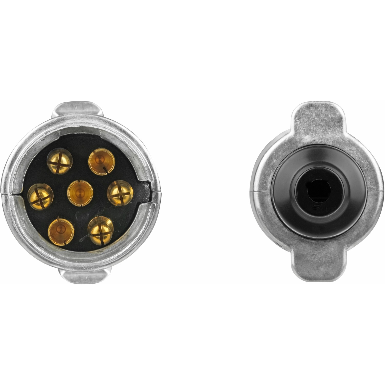 LAS 7-poliger Metall-Stecker für PKW Anhänger, Detailansicht der Kontakte und Rückseite.