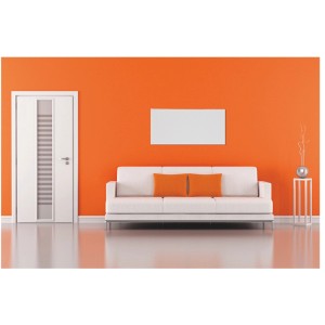 Vitalheizung Infrarot-Heizpaneel Premium M 600W an orangefarbener Wand über Sofa.
