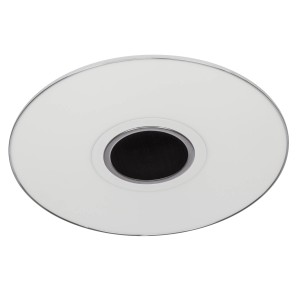 Weiße AEG LED-Deckenleuchte Tonic mit Lautsprecher und Chromrand. Moderne Deckenlampe für Wohnräume.
