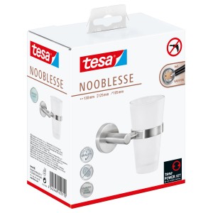 Verpackung Tesa Nooblesse Zahnputzbecher Edelstahloptik, zur Wandmontage ohne Bohren.