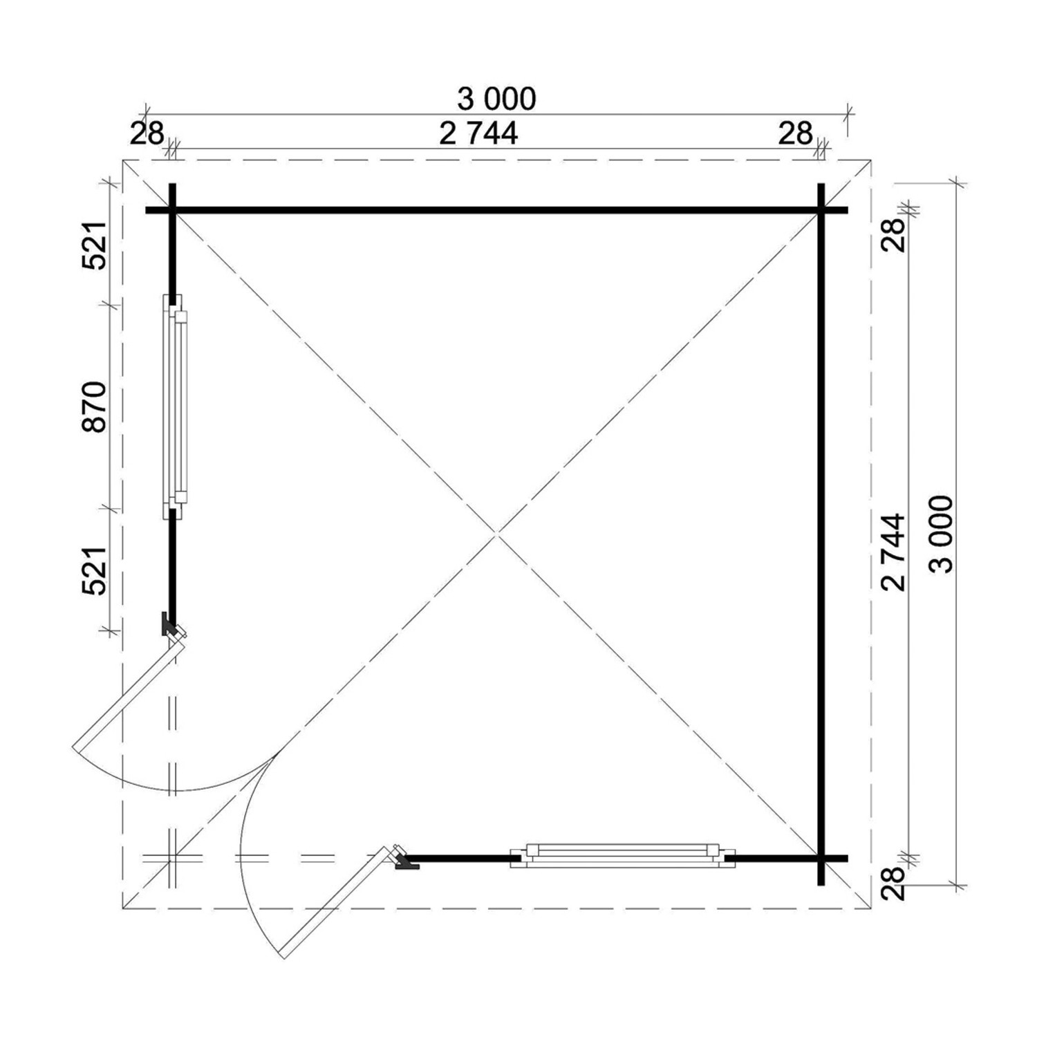Grundriss Alpholz Gartenhaus Viking ISO, 326x326 cm, mit Tür- und Fensterpositionen.