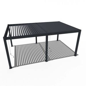 Anthrazitfarbene Aluminium-Pergola 4x6m mit verstellbaren Lamellen als Terrassenüberdachung.