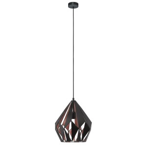 Moderne Eglo Pendelleuchte Carlton 1 in Schwarz-Kupfer mit geometrischem Lampenschirm.