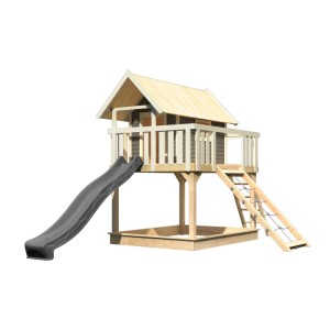 Karibu Stelzenhaus Fidel mit Rutsche u. Netzrampe Natur-Grau