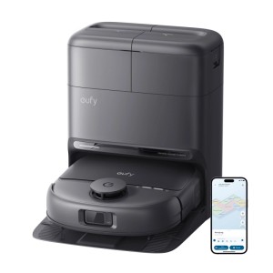Dunkelgrauer Eufy Saug- & Wischroboter Omni C28 mit 5-in-1 Omni-Station und Smartphone-App.