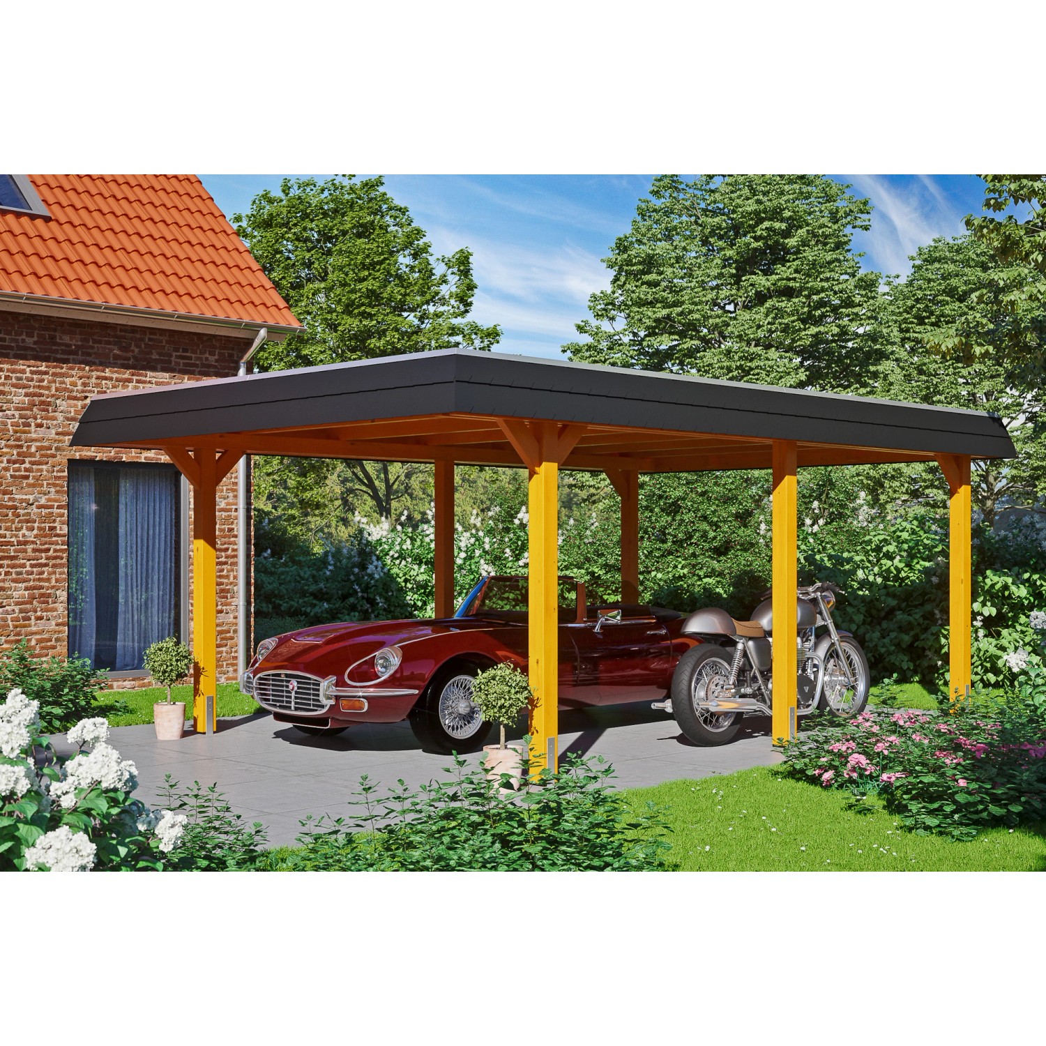 Skan Holz Carport Wendland Eiche hell mit EPDM-Dach und schwarzer Blende, inklusive Auto und Motorrad.