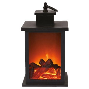 Schwarze Kamin Laterne, 24 cm hoch, mit LED-Feuereffekt für gemütliche Atmosphäre.