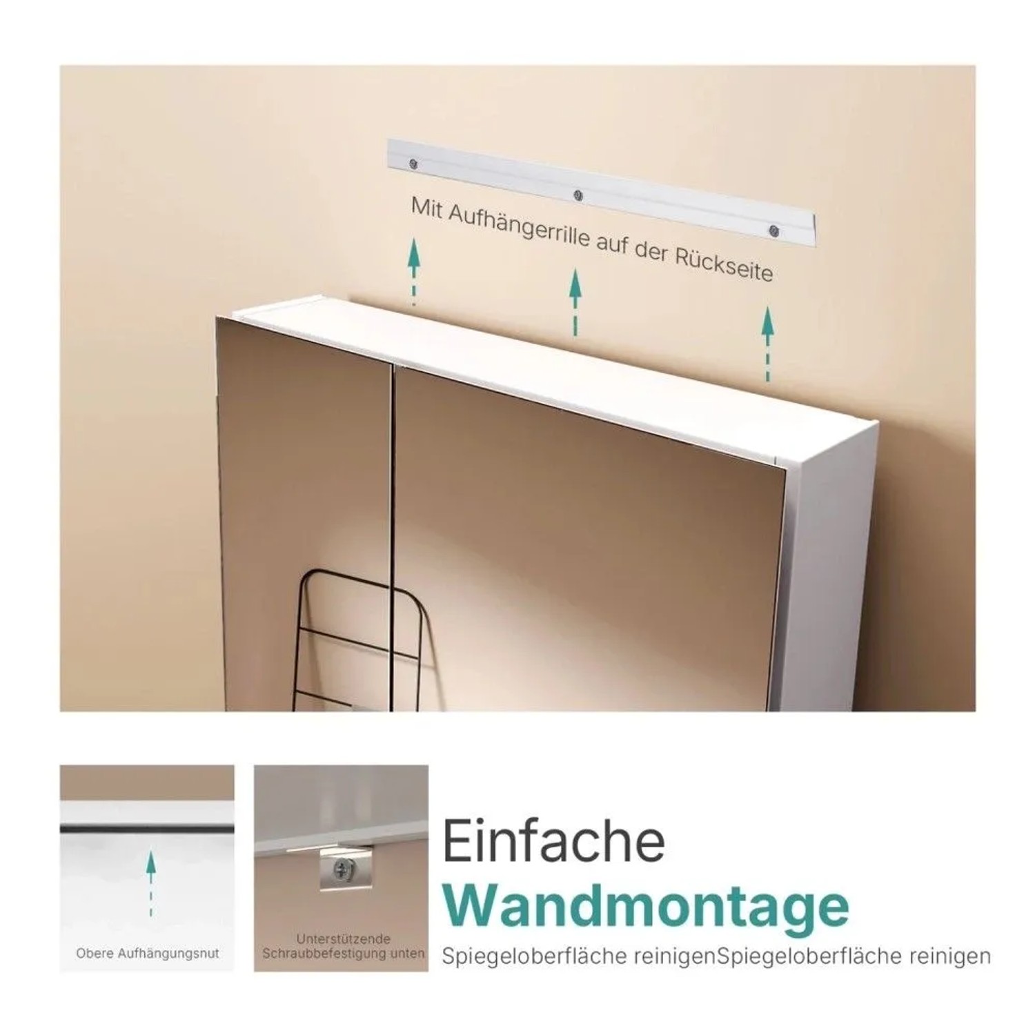 Emke Spiegelschrank: Einfache Wandmontage mit Aufhängeschiene und verdeckter Schraubbefestigung.