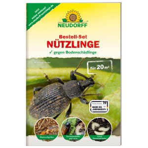 Neudorff Bestell-Set Nützlinge gegen Bodenschädlinge. Paket zeigt Dickmaulrüssler, Maulwurfsgrillen, Gartenlaubkäferlarven. Für 20m².