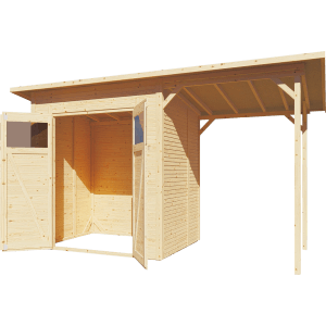 Bertilo Gerätehaus Pent Modern 2 Plus aus Holz mit Doppeltür und Anbau.