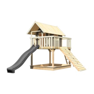 Karibu Stelzenhaus Fidel mit Rutsche und Holzrampe in Natur-Grau für Kinder.