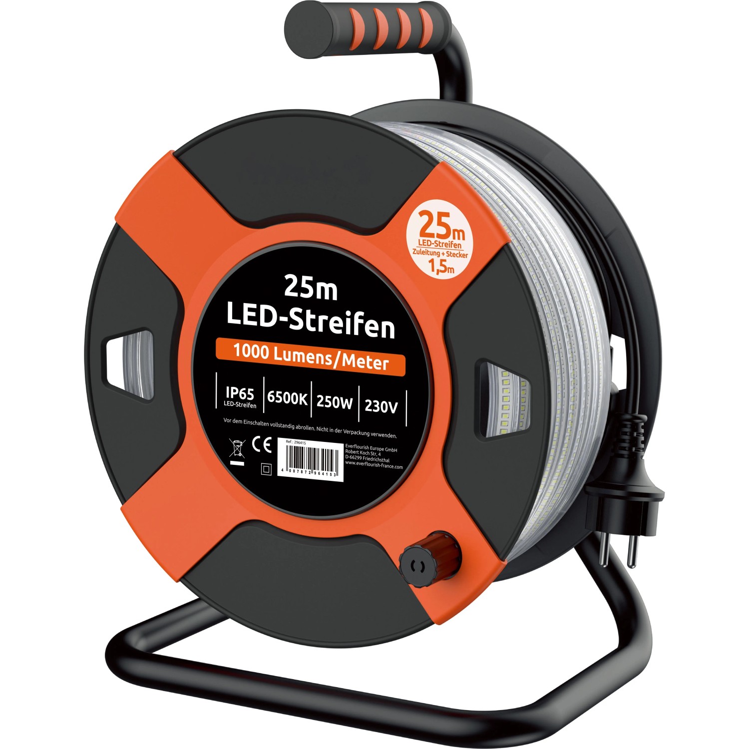 Kabeltrommel mit 25 m LED Lichtband, orange/schwarz, auf einem Metallgestell.