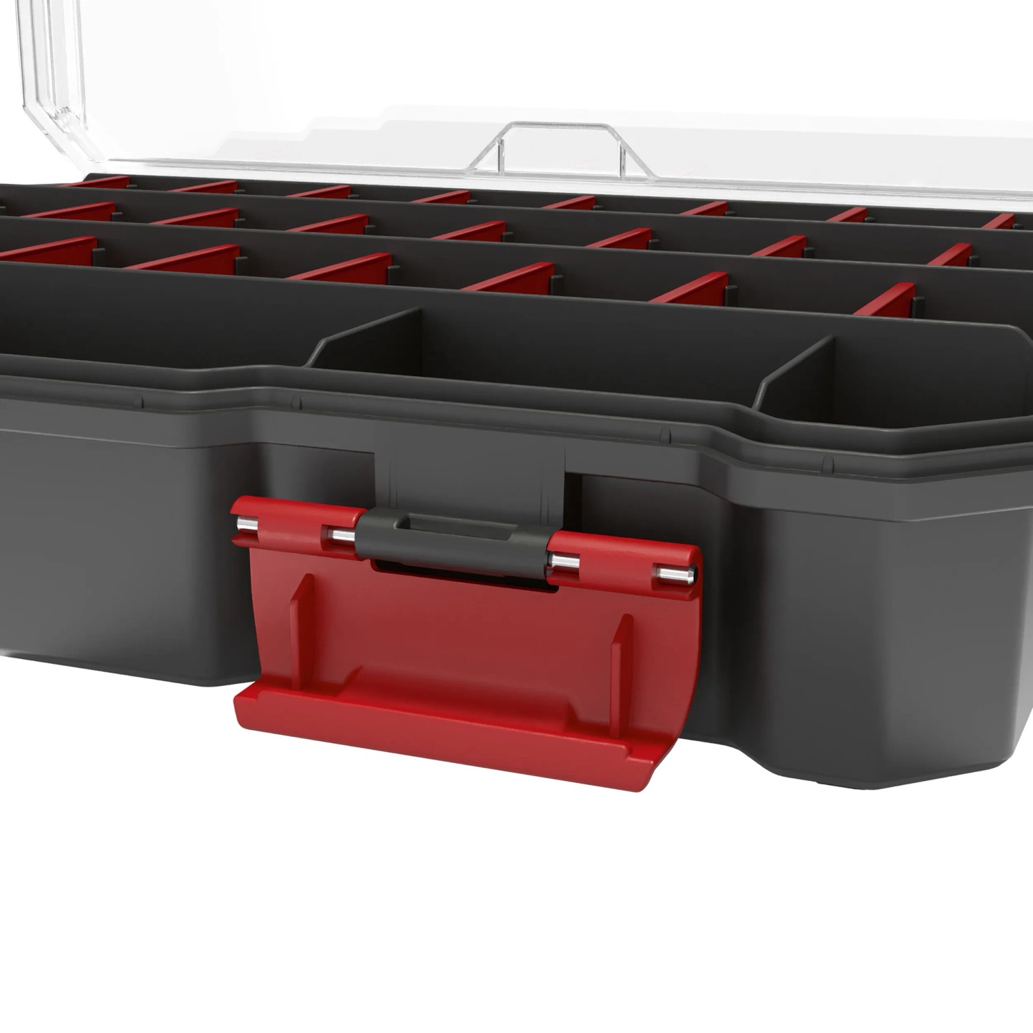 Qbrick Regular Compact Organizer Set 1, schwarze Aufbewahrungsbox mit Fächern und rotem Verschluss.
