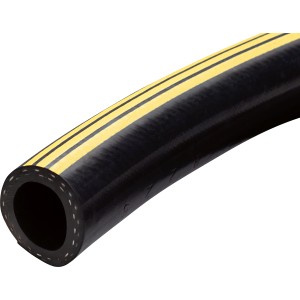 Schwarzer Gummi Gartenschlauch 19 mm (3/4) mit gelben Streifen als Meterware.