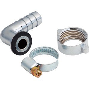 Schlauchverbinder 12,5 mm x 24,1 mm (G 3/4) aus Chrom, bestehend aus Tülle, Verschraubung und Schelle.