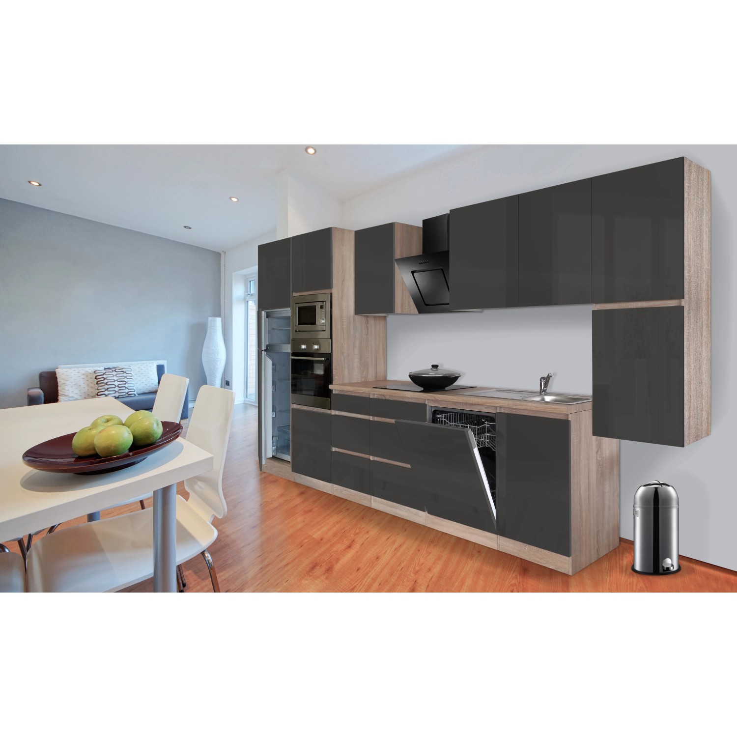 Moderne Respekta Premium Küchenzeile in Grau Hochglanz und Eiche Sägerau Optik mit E-Geräten.