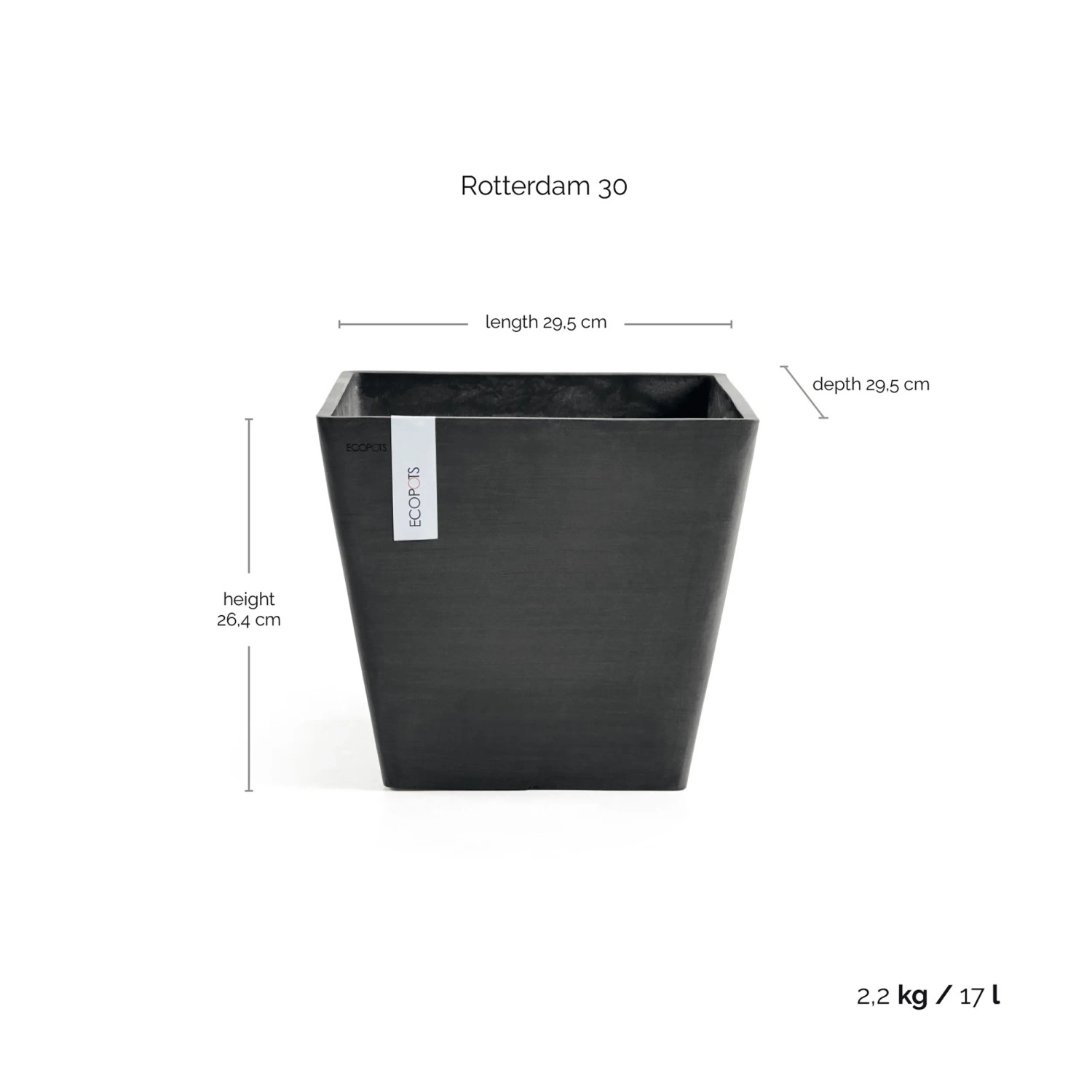 Quadratischer, dunkelgrauer Ecopots Pflanztopf Rotterdam 30 cm. Ideal für Innen- und Außenbereich.