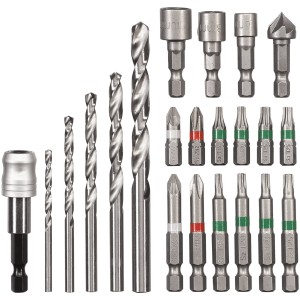 Einhell Bit- und Bohrer-Set, 22-teilig, mit Bits, Bohrern, Steckschlüsseln und Bithalter in Box.