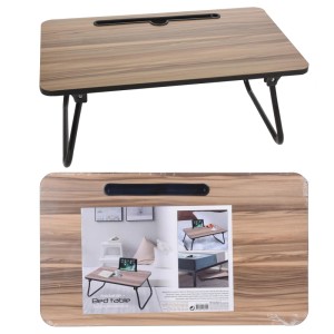 Brauner Bett-Laptoptisch aus MDF-Holz mit klappbarem Metallgestell.