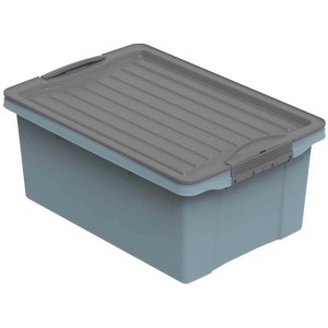 Blaue Rotho Stapelbox Compact A4, 13 Liter, mit grauem Deckel. Aufbewahrungsbox aus robustem, recyceltem Kunststoff.
