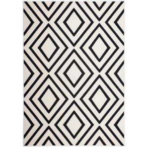 Teppich Retro 710 in Elfenbein-Schwarz mit geometrischem Rautenmuster, 160x230 cm.