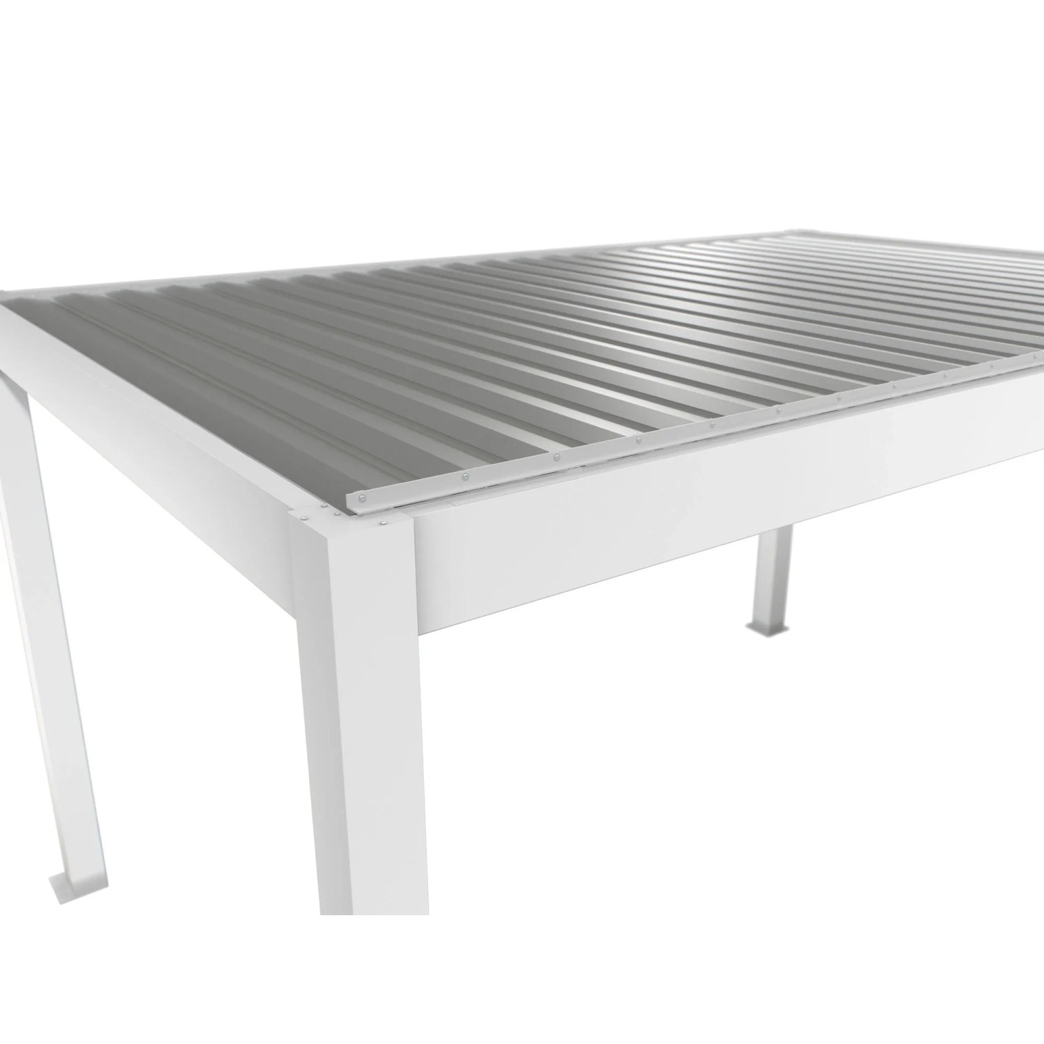 Detailansicht der Biohort Pergola (3x3 m) in Weiß-Silber, Terrassenüberdachung mit Lamellendach.