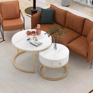 Merax Couchtisch Set 2er Hochglanz Marmoroptik Runde Beistelltische
