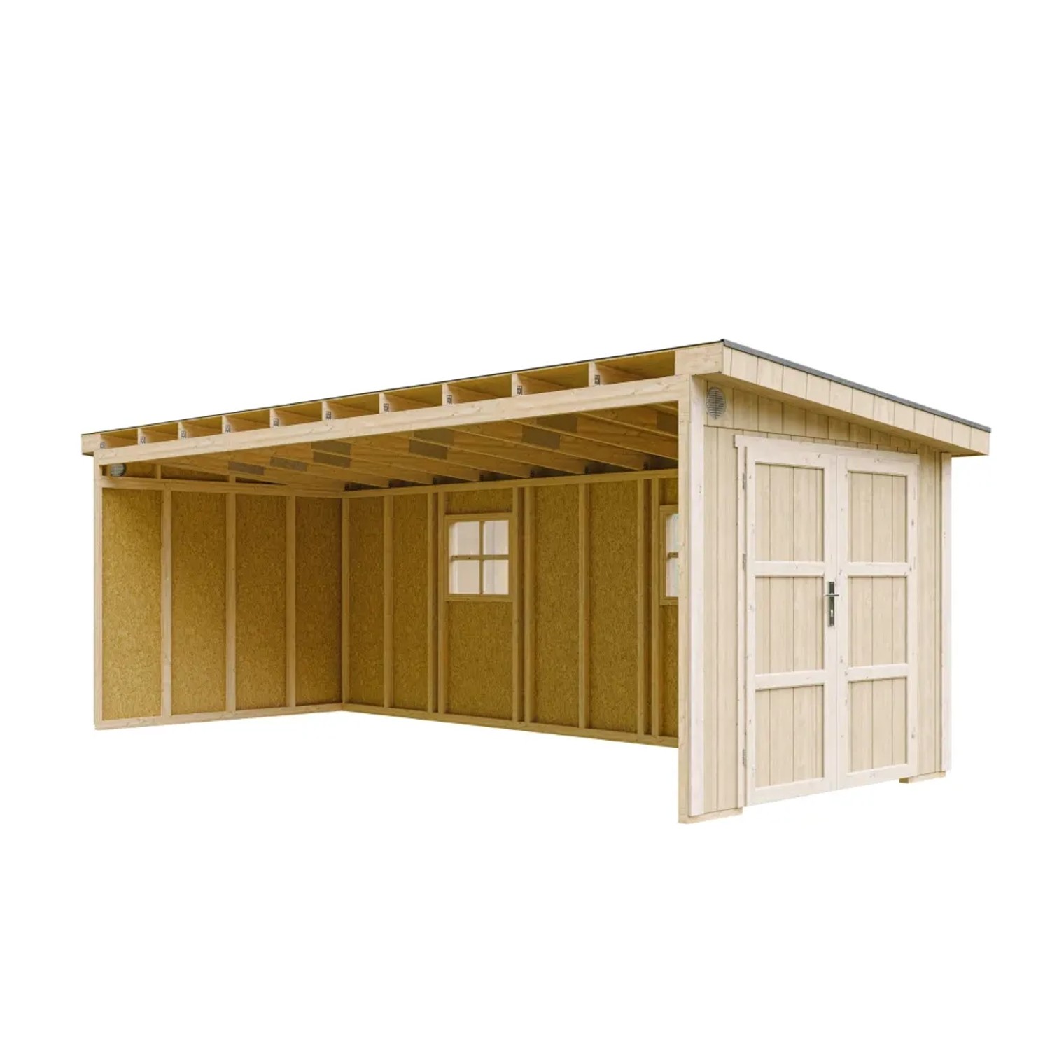 Timbela Premium Schuppen M941B: Holz-Gartenhaus mit Doppeltür und zwei Fenstern, beige-braun.
