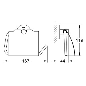 Technische Zeichnung: Grohe WC-Papierhalter Essentials mit Deckel, Maße 167x119x44 mm.