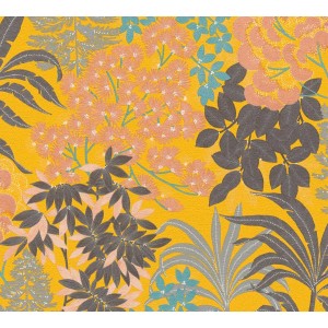 AS-Creation Vliestapete mit floralem Muster in Gelb, Schwarz und Pastelltönen.