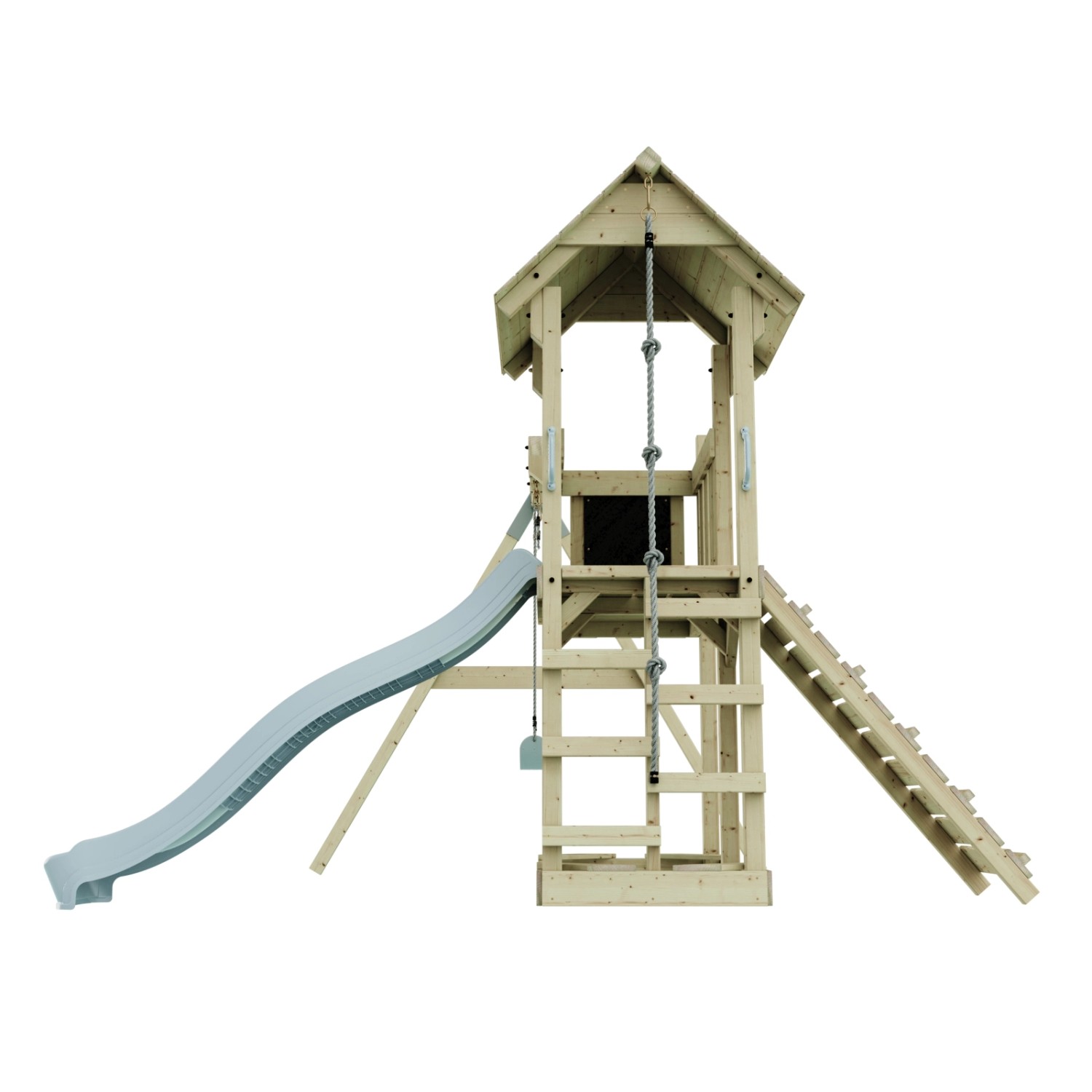 PolarPlay Kinderschaukel Bergen Eisblau mit Rutsche und Kletterturm aus Holz.