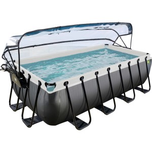 Rechteckiger Exit Black Leather Pool 400x200x100 cm mit Abdeckung und Sandfilterpumpe.
