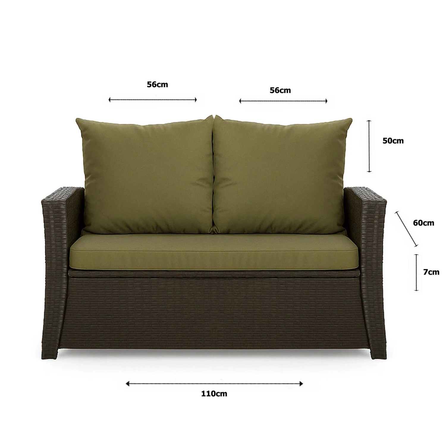 Grünes Gartenkissen Set für 2-Sitzer Polyrattan Gartensofa, 110x60x50 cm.