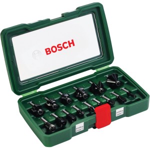 Bosch HM-Fräser-Set Promoline, 15-teilig mit 8 mm Schaft im grünen Koffer.
