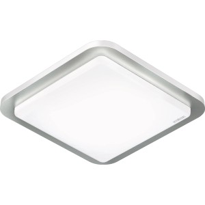 Quadratische Steinel LED-Deckenleuchte RS LED D2 S mit Bewegungsmelder und Edelstahlrahmen.