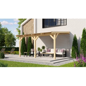 Weka Terrassenüberdachung 672 Gr. 3 aus Holz mit Doppelstegplatten und Gartenmöbeln.