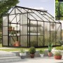 Schwarzes Vitavia Gewächshaus Jupiter 8300 HKP 6mm mit geöffnetem Fenster und Pflanzen.