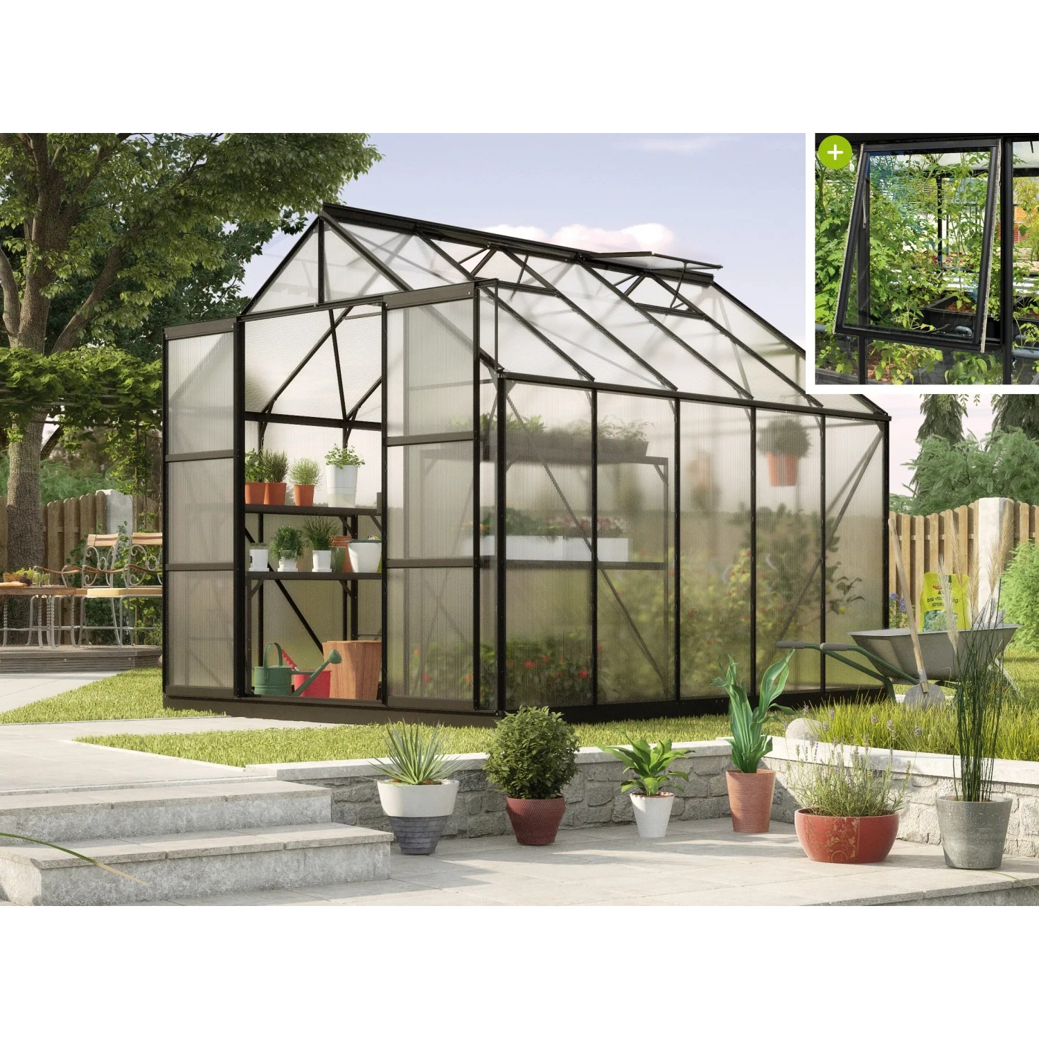 Schwarzes Vitavia Gewächshaus Jupiter 8300 HKP 6mm mit geöffnetem Fenster und Pflanzen.