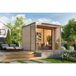 Modernes Karibu Gartenhaus Flavio A in Natur-Grau mit Schiebetür und Terrasse im Garten.