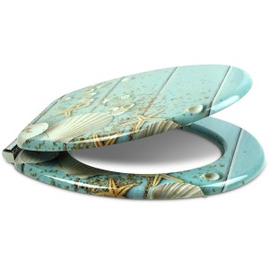Sanfino WC-Sitz Caribbean Blue mit Absenkautomatik, Holz, maritimes Motiv mit Muscheln und Seesternen.