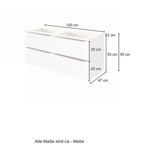 Held Möbel Doppelwaschtisch Monza, 120 cm, Weiß Matt, mit Maßangaben.