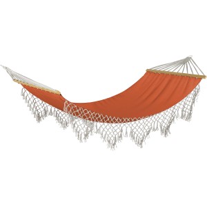 Terracottafarbene Hängematte Salcha aus Polycotton mit dekorativen Volants für Garten und Terrasse.