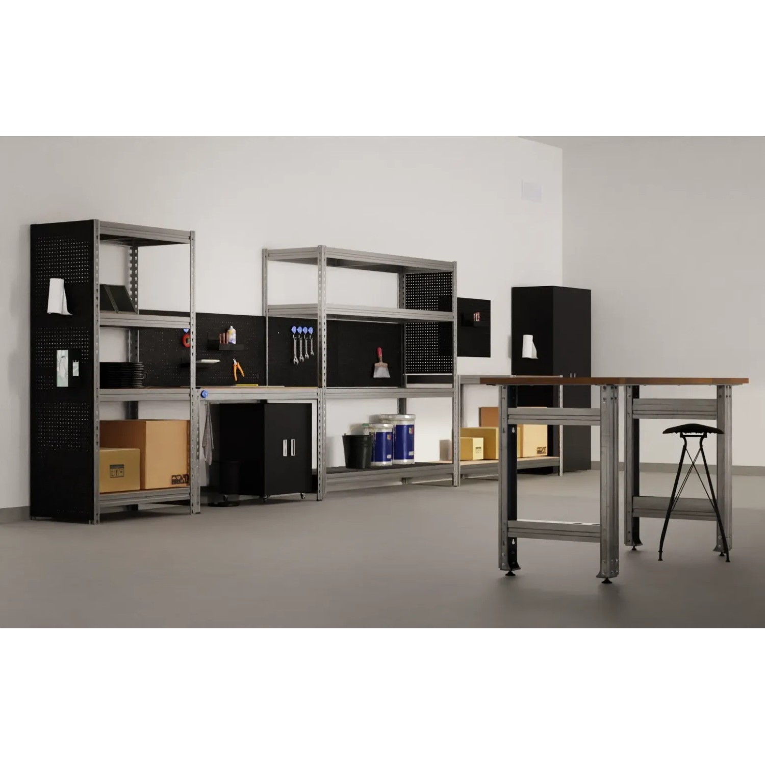 Verzinktes AR Shelving Schwerlast-Steckregal Bullrack Rivet, 200x100x60cm, mit Werkstatteinrichtung.