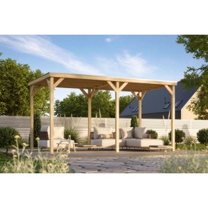 Karibu Pavillon Kvadrat mit Verlängerung aus Naturholz, 243x231x453 cm, mit Sitzgruppe im Garten.