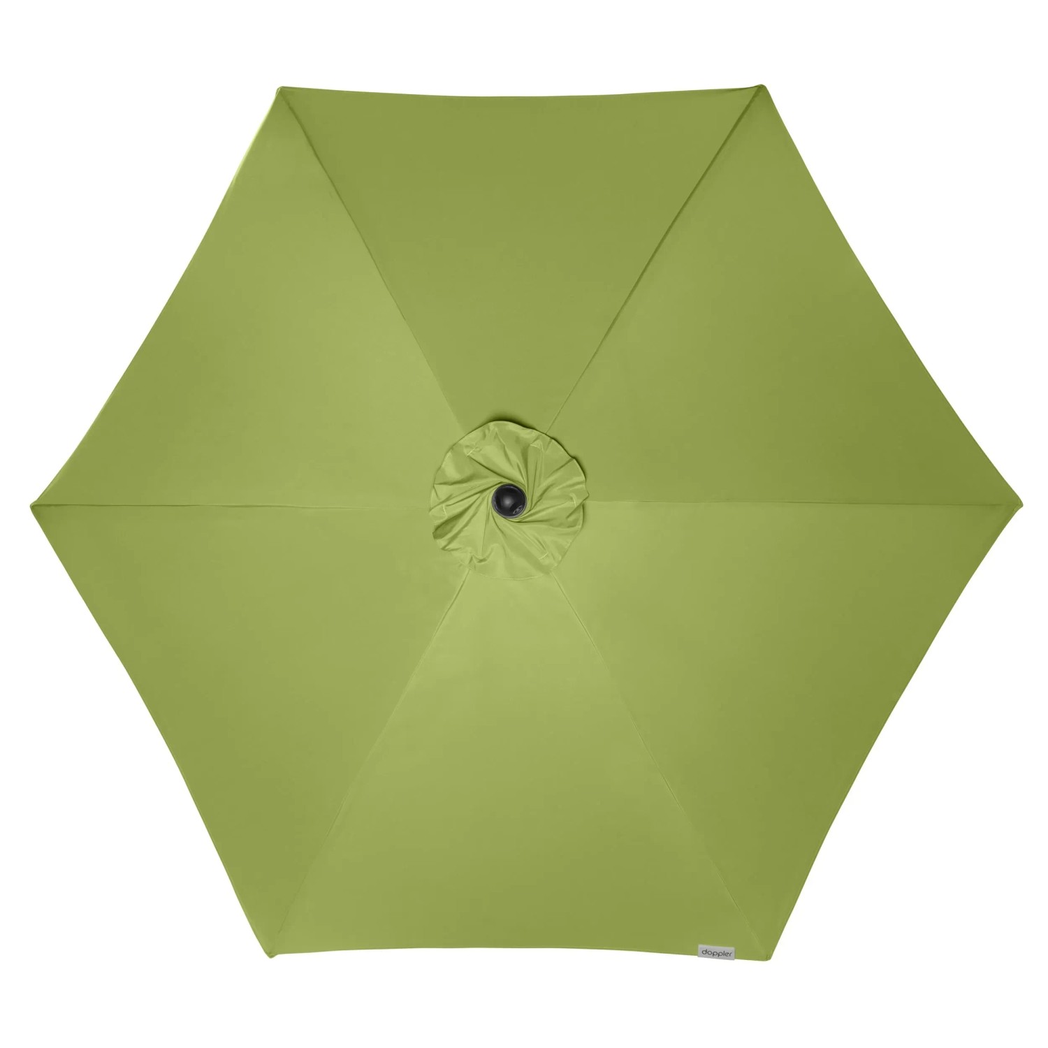 Grüner Doppler Marktschirm (Ø 306 cm) mit Kurbelmechanik, Ansicht von oben.